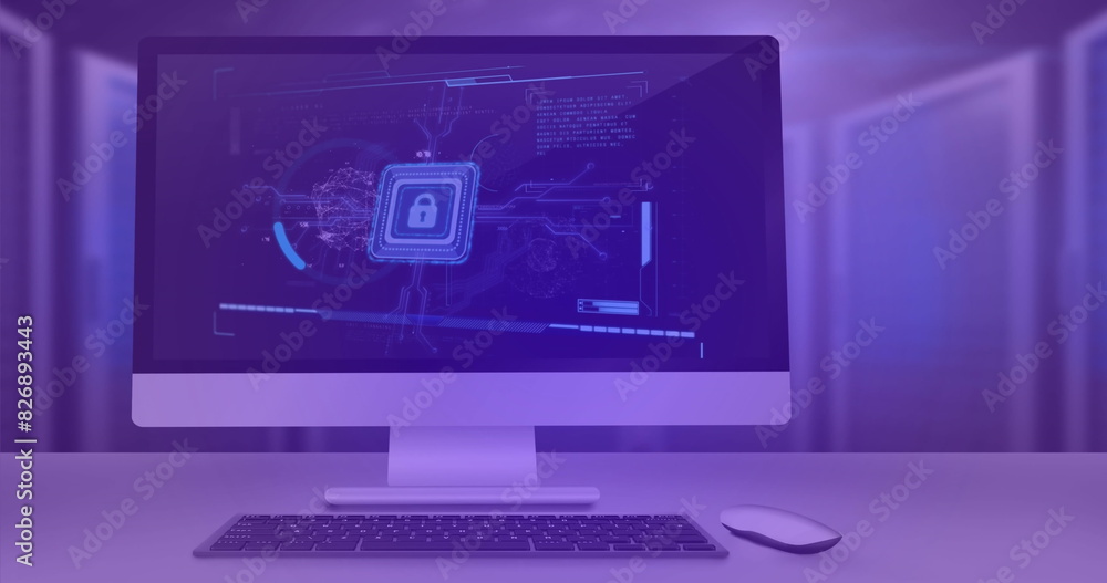 Poster image of connected dots forming globe, padlock and computer language in computer