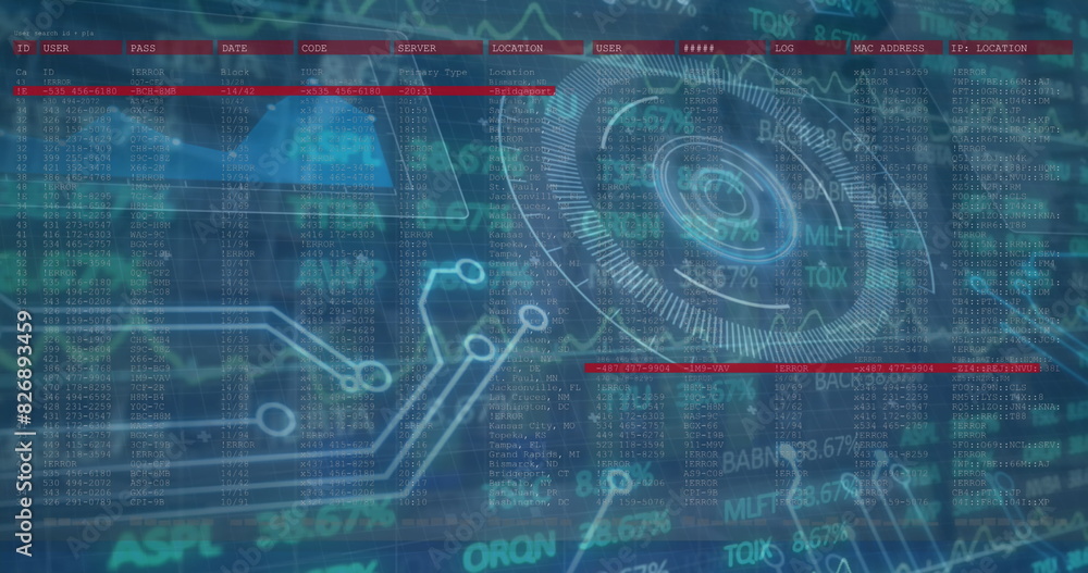 Aufkleber image of interface with round scanner and stock market data processing against tall buildings