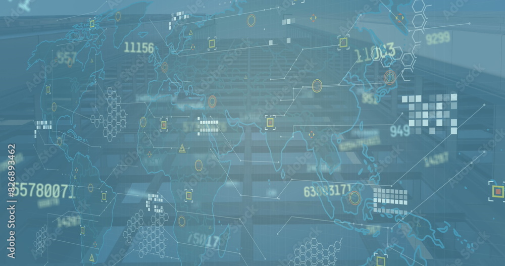 Poster image of changing numbers over world map against low angle view of tall building