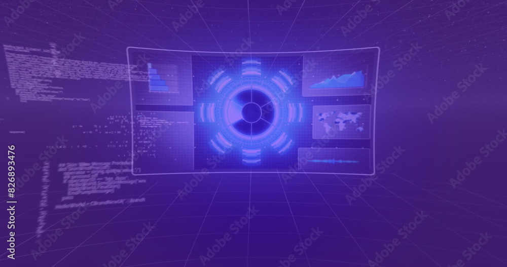 Poster image of screens with data processing against blue background