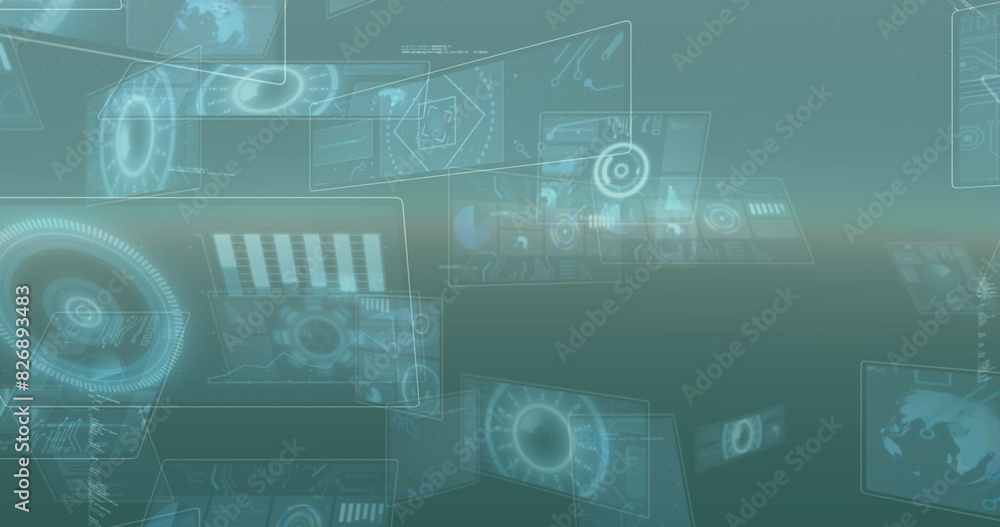 Poster image of round scanners and data processing against grey background