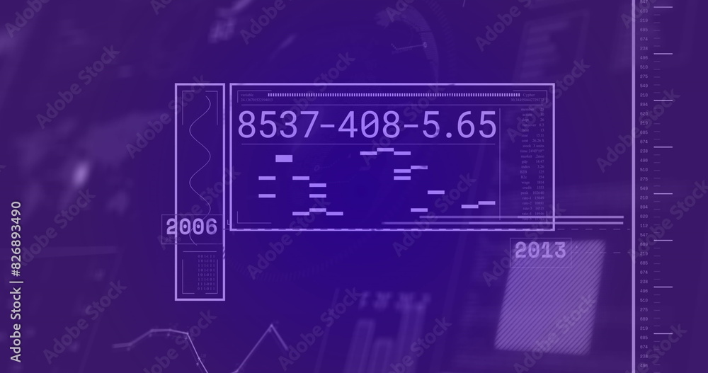 Poster image of interface with data processing over globe and world map against blue background