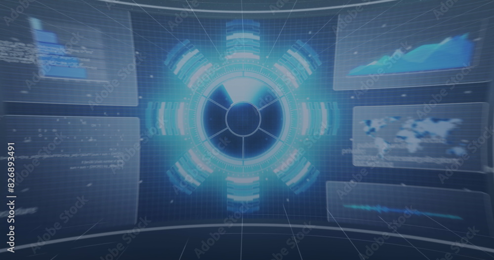 Poster image of screens with data processing against blue background