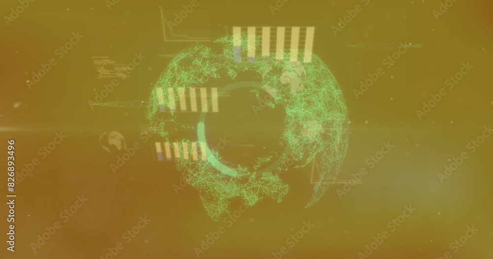 Poster a digitally generated image of a globe with various statistics and data processing going on in the b