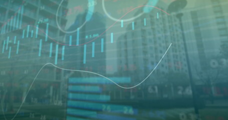 Image of multiple graphs and trading board over low angle view of modern buildings
