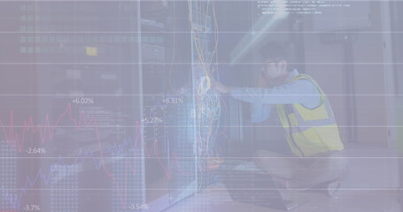 Image of binary codes and programming language, caucasian man checking data server hardware