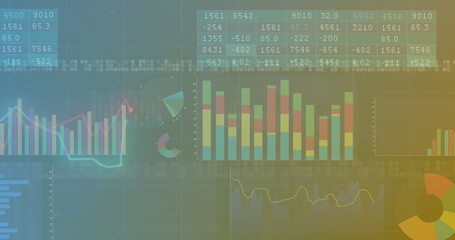 Naklejka premium Image of multiple graphs and numbers in tables over illuminated abstract pattern