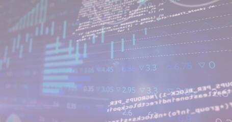 Obraz premium Image of graphs, loading circles and trading board over computer language on abstract background