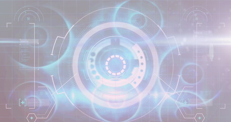 Image of multiple circles, geometric shape and geometric shapes over computer language