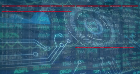 Image of interface with round scanner and stock market data processing against tall buildings