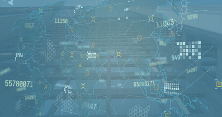 Image of changing numbers over world map against low angle view of tall building