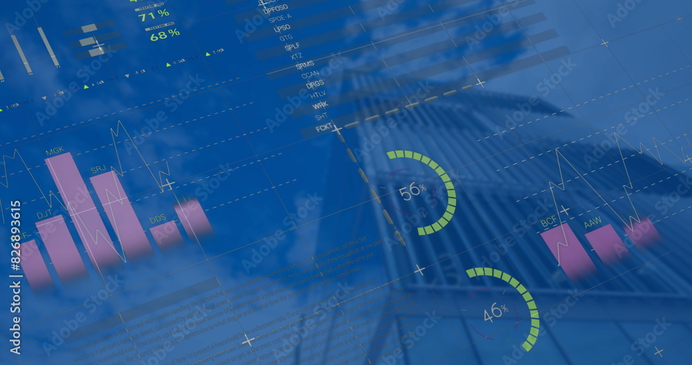 Poster image of statistical data processing against low angle view of tall building