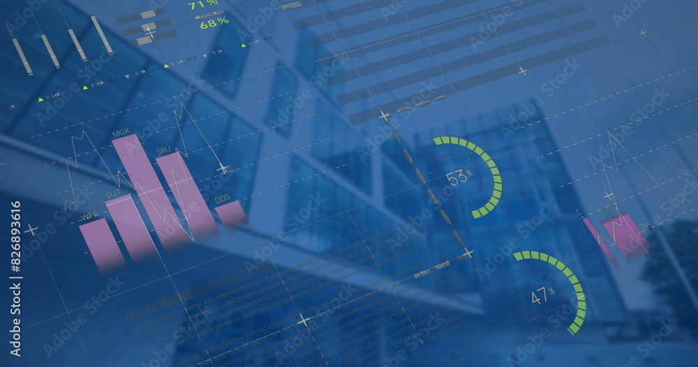 Poster image of statistical data processing against low angle view of tall building