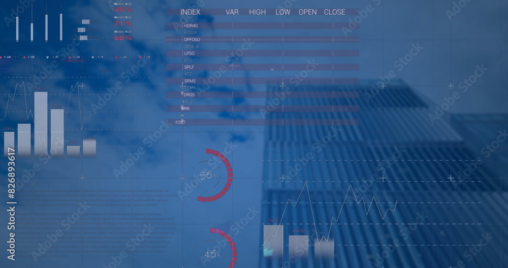 Poster image of statistical data processing against low angle view of tall building