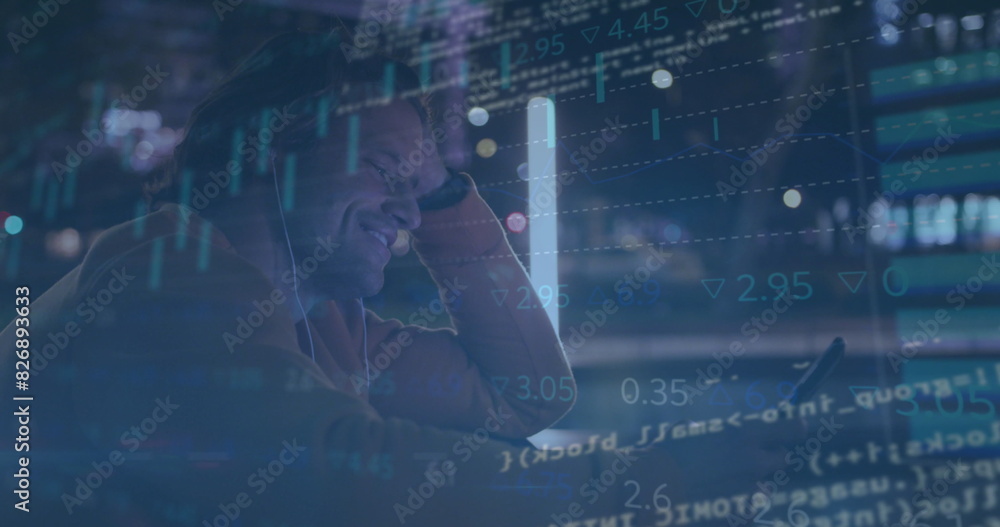 Poster image of data processing against caucasian man smiling while using smartphone on the street