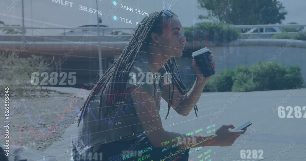 Poster image of data processing against biracial man using smartphone and drinking coffee on the street