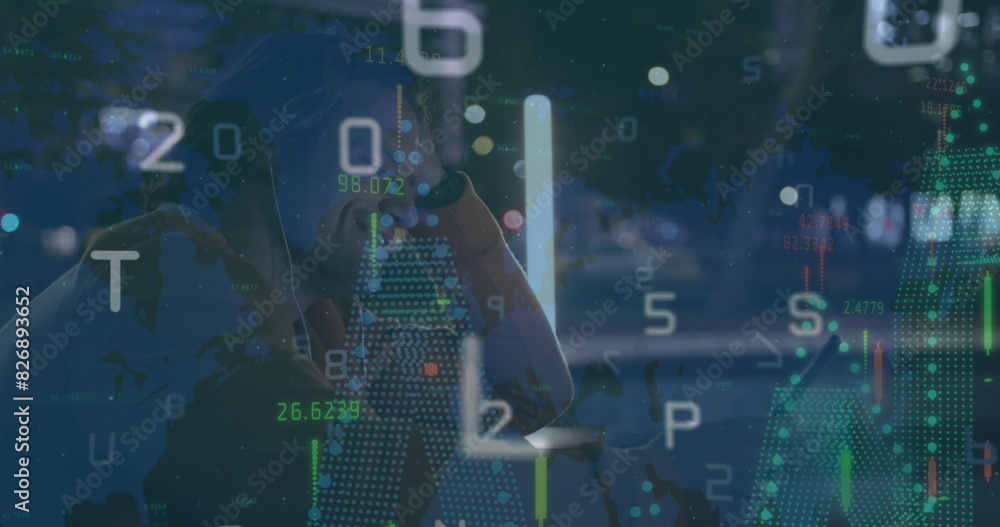 Poster image of financial data processing over caucasian man using smartphone smiling on the street