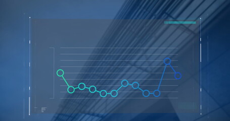 Image of interface with statistical data processing against low angle view of tall building