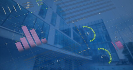 Image of statistical data processing against low angle view of tall building