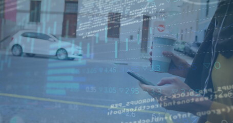 Image of stock market data processing against woman in hijab using smartphone on the street