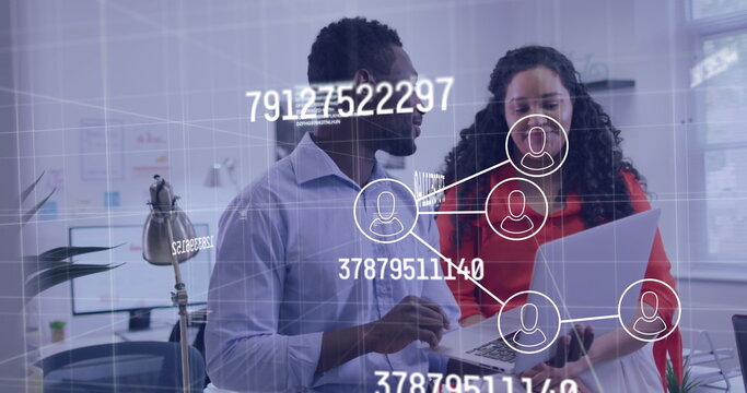 Image of connected icons, changing numbers and letters, diverse coworkers discussing reports