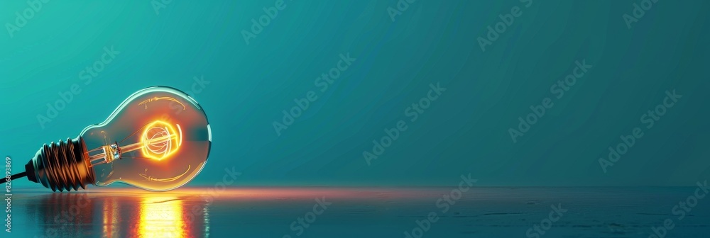 Poster glowing lightbulb on teal background - an incandescent bulb with a glowing filament features promine