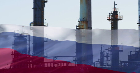 Image of oil factory and flag of russia