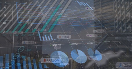 Image of financial data processing over cityscape