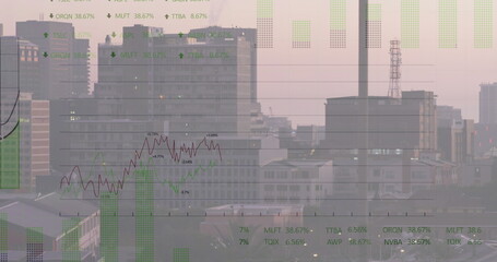 Image of financial data processing over cityscape