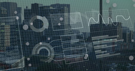 Image of financial data processing over cityscape