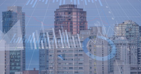 Image of financial data processing over cityscape