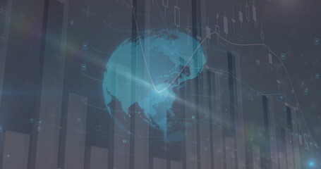 Image of financial data processing over globe and dark background
