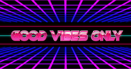 Naklejka premium Image of good vibes only banner over gradient purple grid network against black background