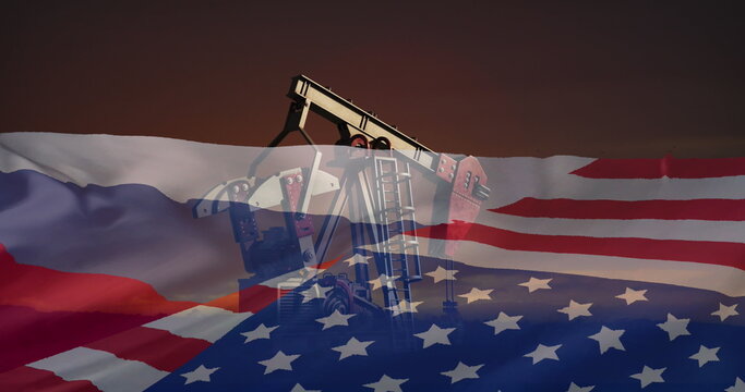 Image of oil pump and flag of russia and united states of america