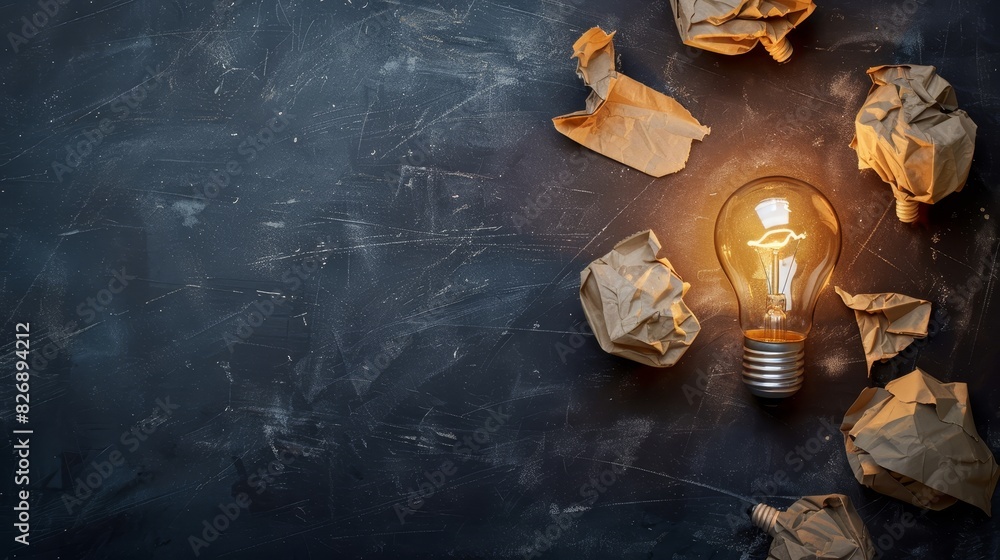 Poster conceptual bulb with crumpled paper balls - crumpled paper surrounding a glowing light bulb, represe