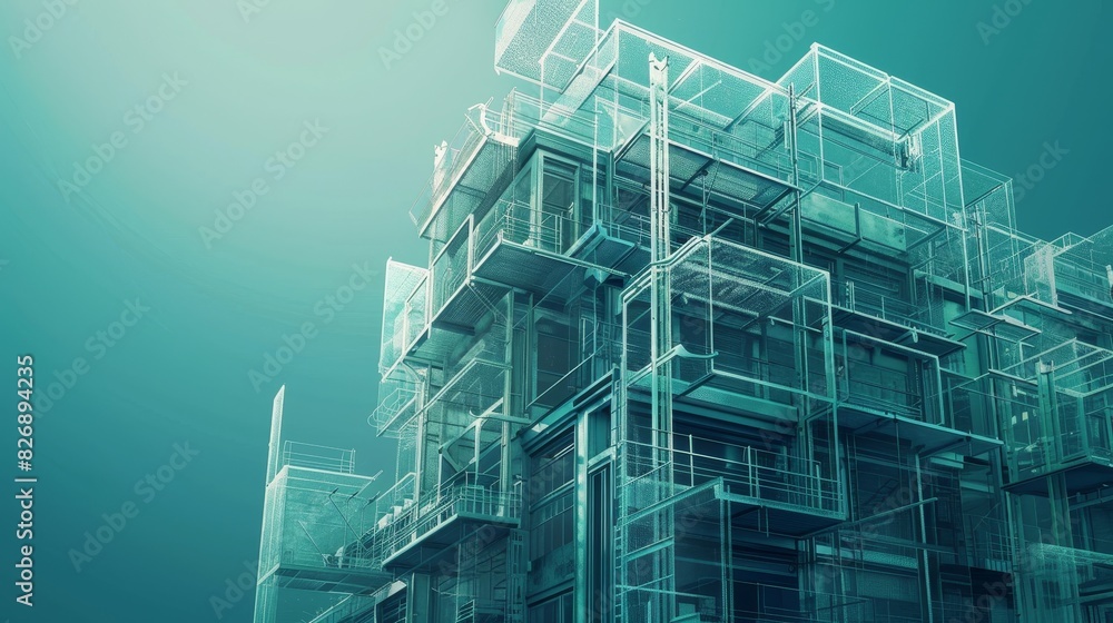 Poster futuristic blueprint concept of building - digital wireframe model of building project on teal backd
