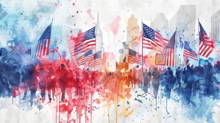 Vibrant watercolor illustration of patriotic crowd - Illustration of a crowd with American flags in urban setting, enhanced by vivid watercolor effects