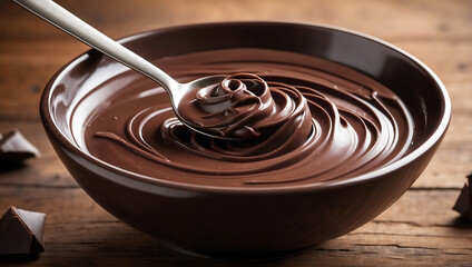 World chocolate day, A ceramic bowl filled with smooth creamy chocolate sits on a rustic wooden...