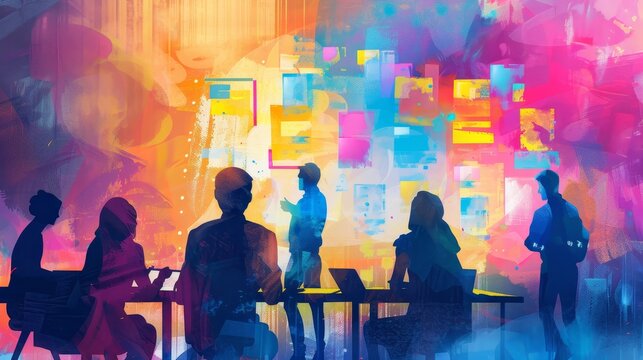 Abstract business team in vibrant setting - Illustrative digital art of a business team meeting with abstract background