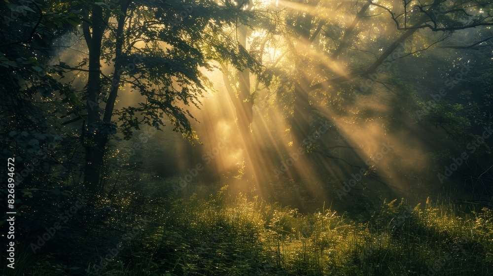 Poster sunlight piercing through forest mist - sunbeams filter majestically through the mist of a verdant f