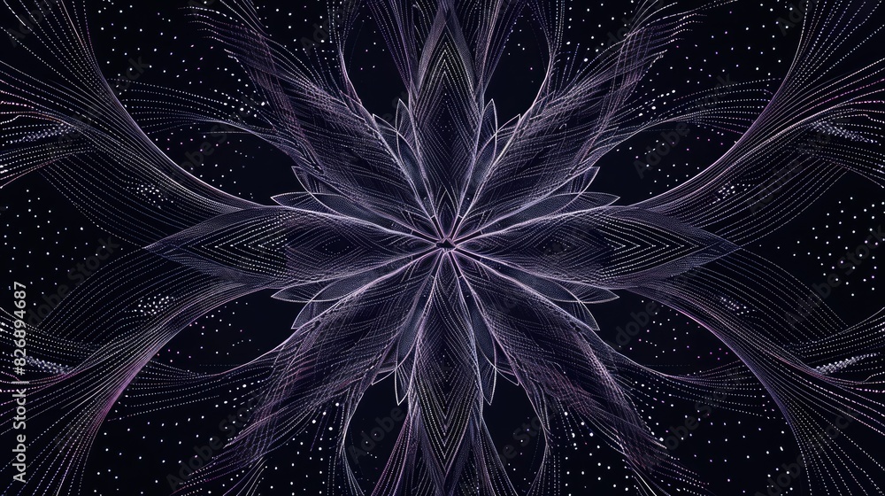 Poster dynamic animated geometric floral pattern over a black backdrop cyber design featuring geometric lin