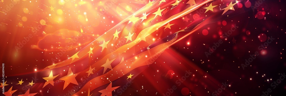Poster vibrant starry wave on red background - this digital artwork features a dynamic wave pattern adorned