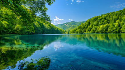 Serene Lake Landscape with Reflective Waters and Lush Greenery for a Calming Calendar Image