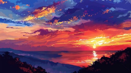 Breathtaking sunset floods the sky with vivid, dramatic hues.