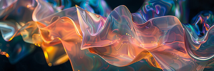 Obraz premium close up of the shimmering, colorful wavy resin sheets floating in space, generative AI