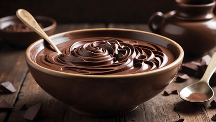 World chocolate day, A ceramic bowl filled with smooth creamy chocolate sits on a rustic wooden surface. A spoon partially dipped in the chocolate with the rich and glossy chocolate swirled around it