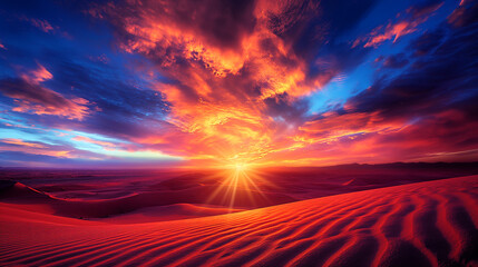 
A beautiful sunset over a desert landscape with a large sun in the sky. The sky is filled with...
