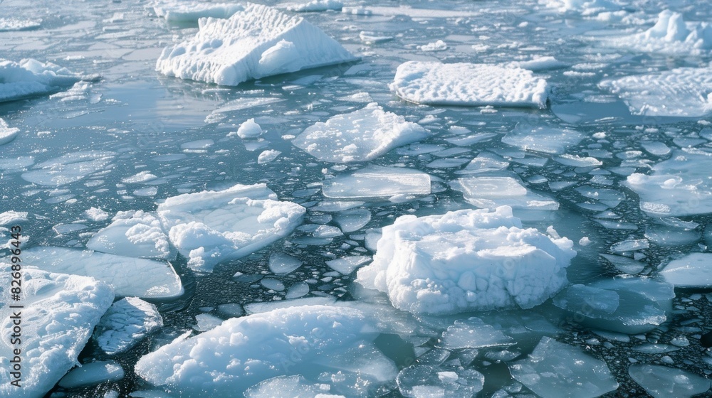 Poster huge chunks of ice lay tered on the oceans surface having recently calved off the glacier.