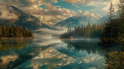 Naklejka premium landscape of mountain lake and forest. forest with a lake wallpaper. landscape lake forest with fog wallpaper. landscape forest with lake and fog. landscape with a lake and mountains.