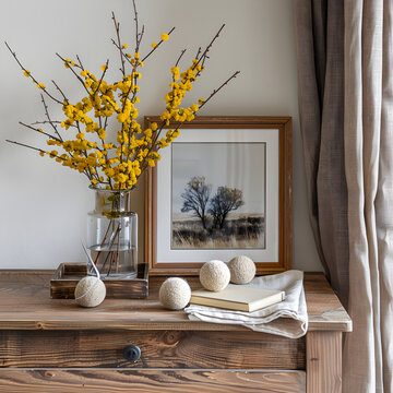 modern farmhouse desktop with billy balls in a vase and a 5x7 photo frame Ai generative 